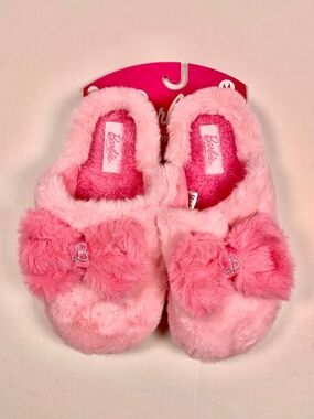 Barbie by Mattel slip on mule slipper pink medium soft plush fuzzy faux fur bow